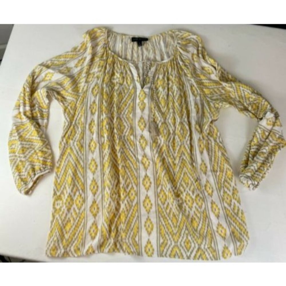 Lane Bryant Peasant Tunic Yellow Top Size 16 Rope Tie Front Gathered Sleeves - Picture 1 of 10